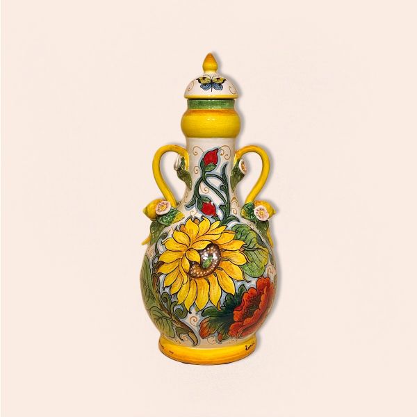 VASE CM.60H WITH LID. DESIGN: LEMONS, SUNFLOWER AND POPPIES